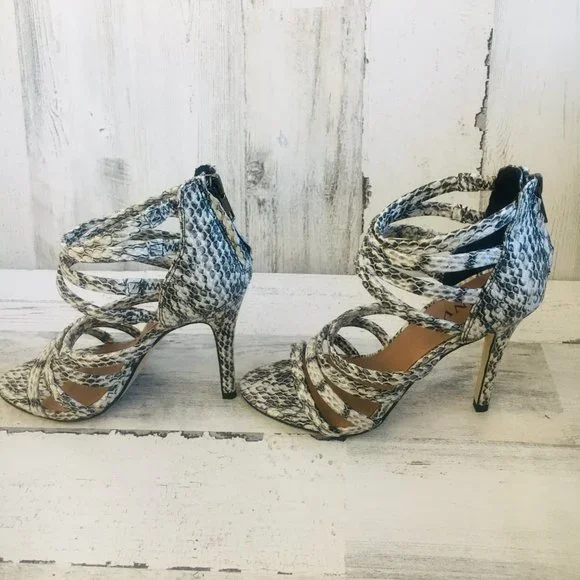 NEW RENVY Snake Print Leather Caged Heel Sandals - Picture 5 of 12